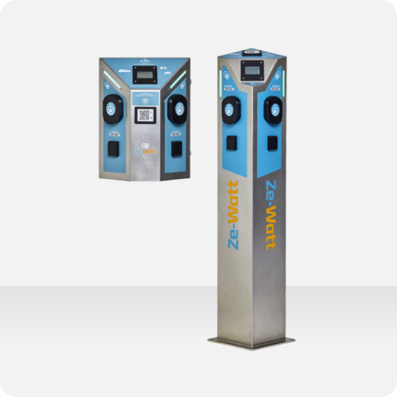 Illustration de borne de recharge murale et borne de recharge double de Ze-Watt