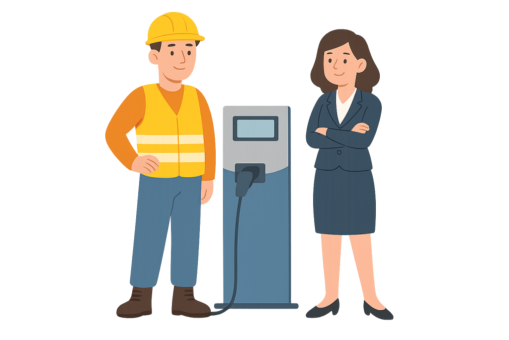 Illustration de technicien avec borne de recharge de véhicule électrique de Ze-Watt